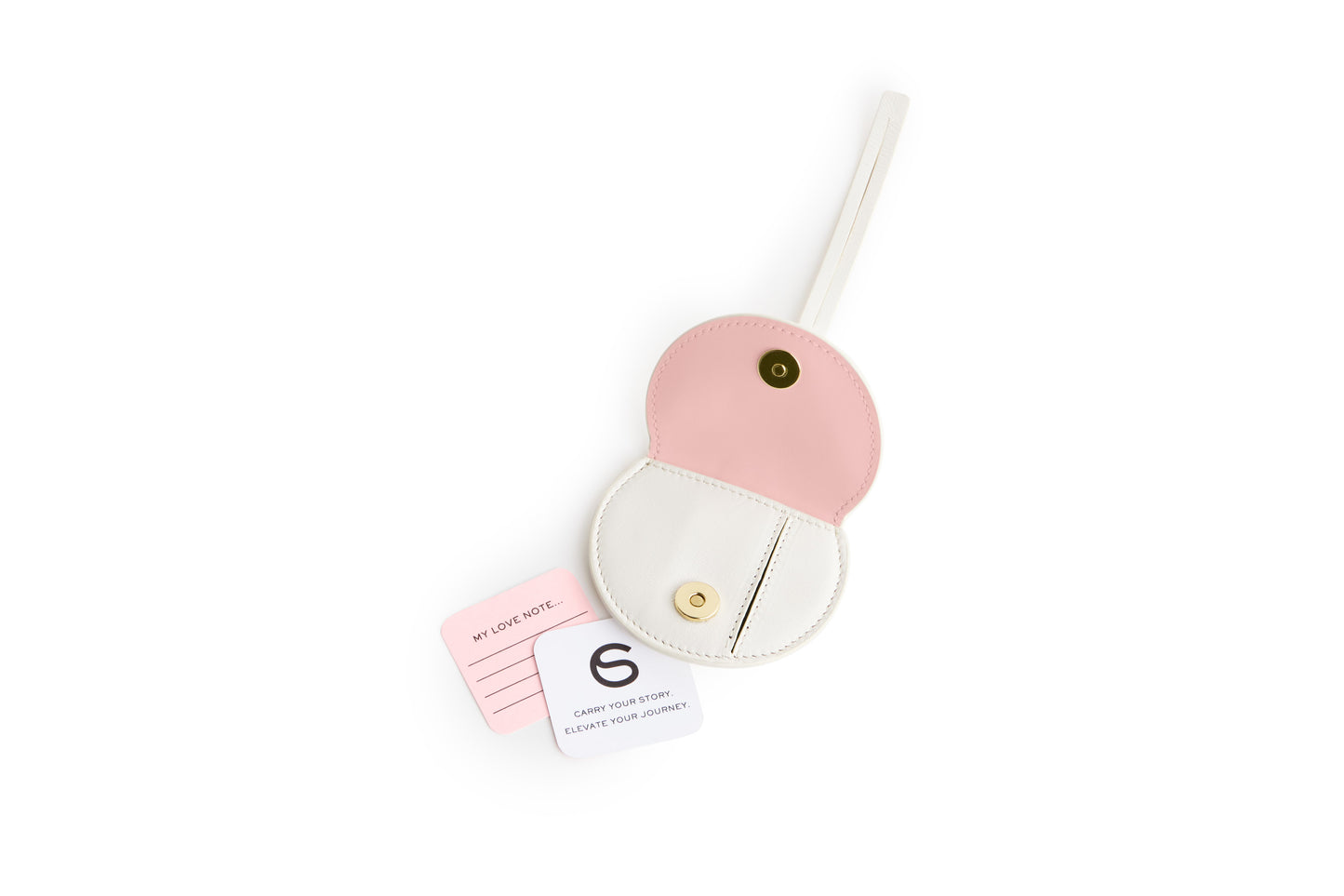 Mini Luna Charm in White Italian leather bag charm, open view with love note.