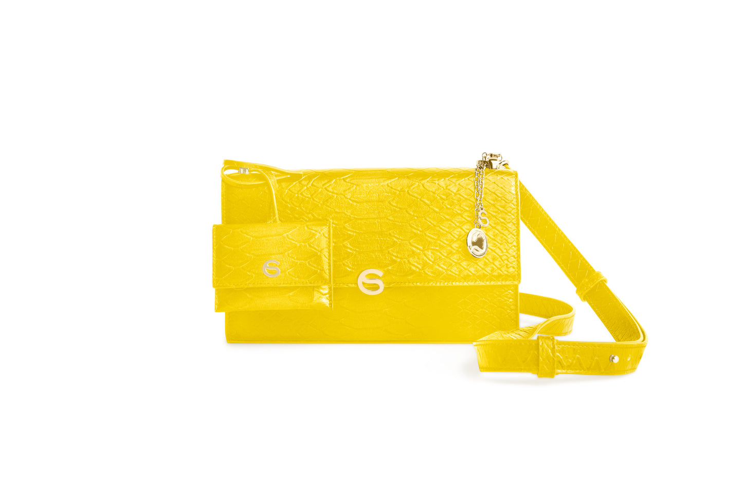 Yellow luxury Italian leather bag charm set handcrafted in Italy by Chau Sáenz.