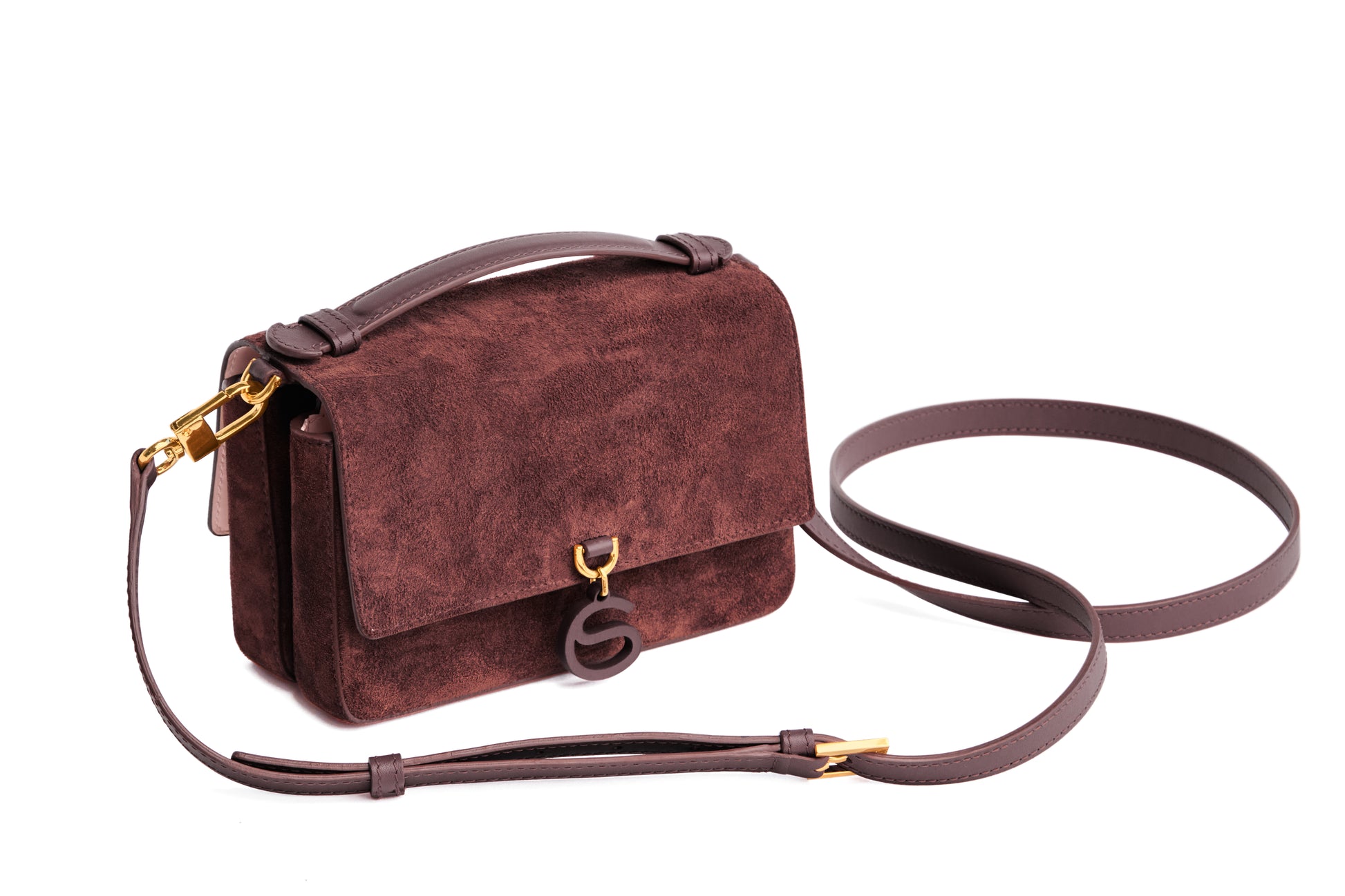 Aurora Bag Chocolate Red Top Handle with should strap front angle view
