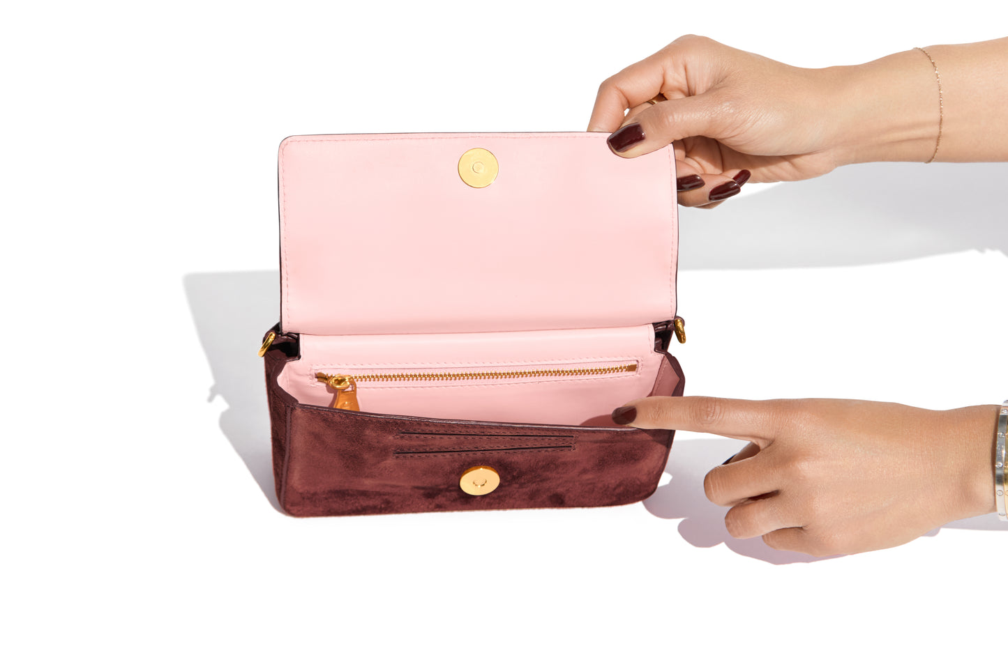 Aurora Bag Chocolate Red interior view of exterior wallet and interior zipper pocket