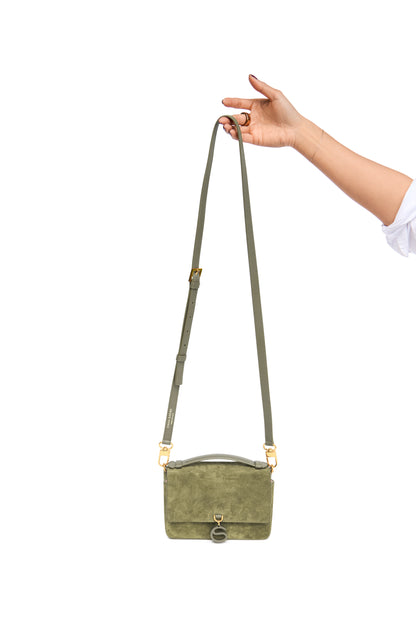 Aurora Bag Olive Suede Limited Edition front view full shoulder straps