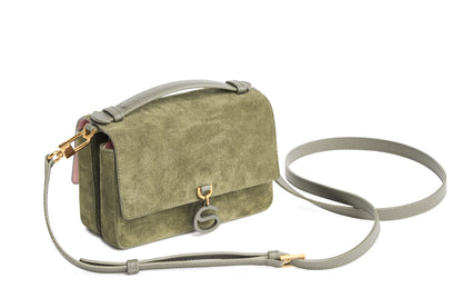 Aurora Bag Olive Suede Limited Edition side view with shoulder straps