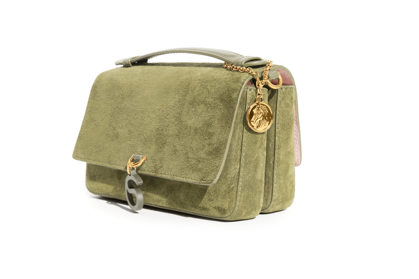 Aurora Bag Olive Suede Limited Edition top handle side view