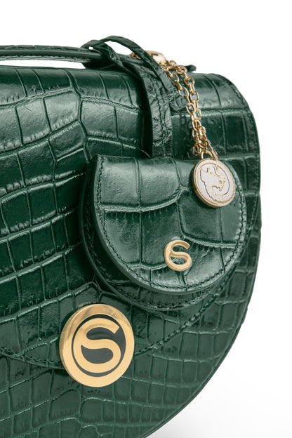 Luna Bag  and Mini Love Charm in Vert Italian leather, close up view with dragon