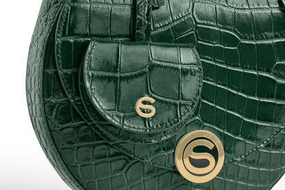 Luna Bag  and Mini Love Charm in Vert Italian leather, close up view