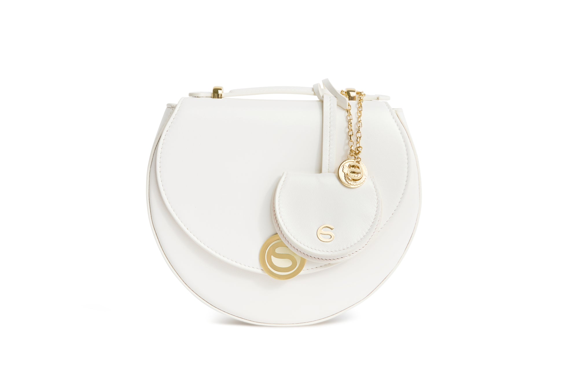 Luna Bag and Mini Love Charm in White Italian leather, limited edition set, front view.