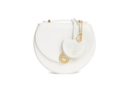 Luna Bag and Mini Love Charm in White Italian leather, limited edition set, front view.