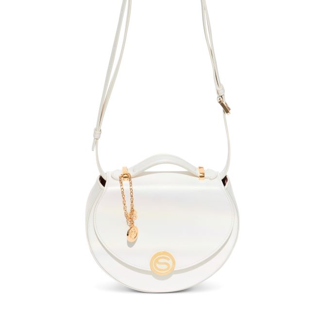 Luna Bag in White Italian leather, limited edition, shoulder strap front view