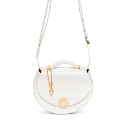 Luna in White Italian leather with Dragon Charm, shoulder strap front view