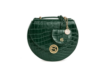 Luna limited edition luxury italian handbag top handle view with matching charm and dragon in Vert