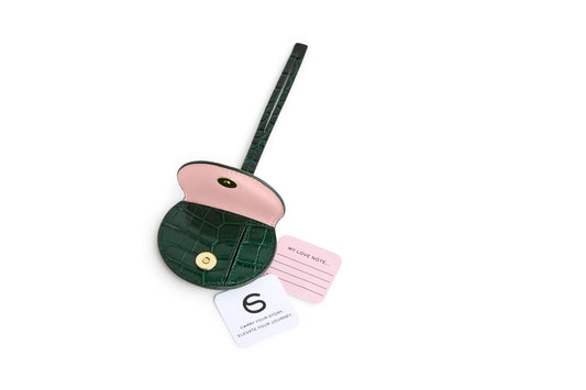 Mini Luna Charm in Vert Italian leather bag charm, front view.