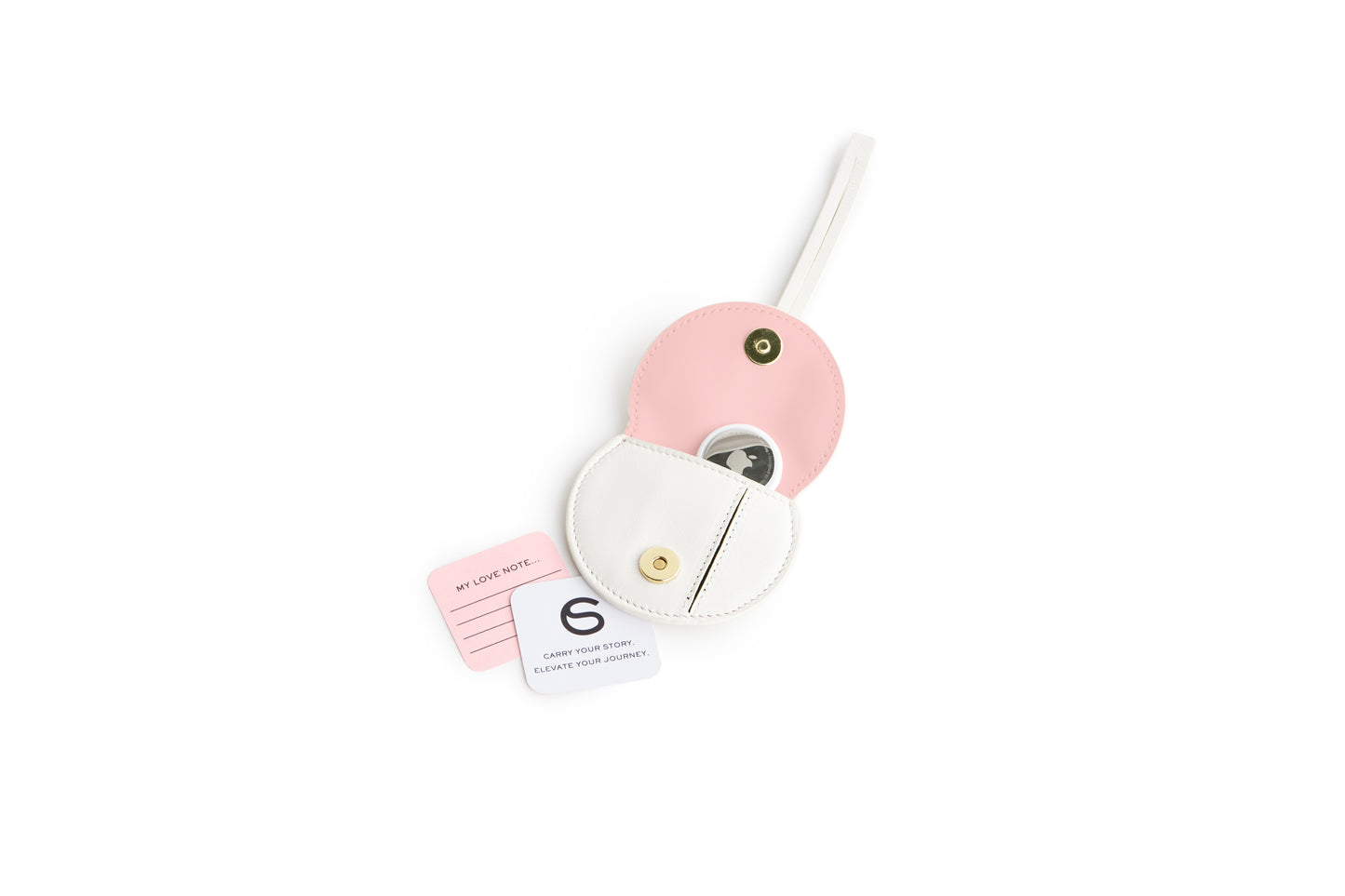 Mini Luna Charm in White Italian leather bag charm, front open view air tag and love note.