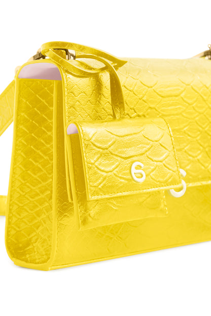 Yellow luxury Italian leather bag charm with Selene limited edition bag handcrafted in Italy by Chau Sáenz.