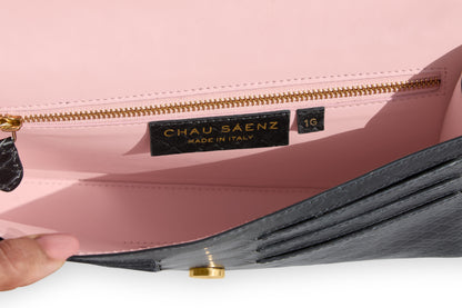 Grey luxury Italian leather Selene handbag with matching Mini Love Charm handcrafted in Italy by Chau Sáenz.