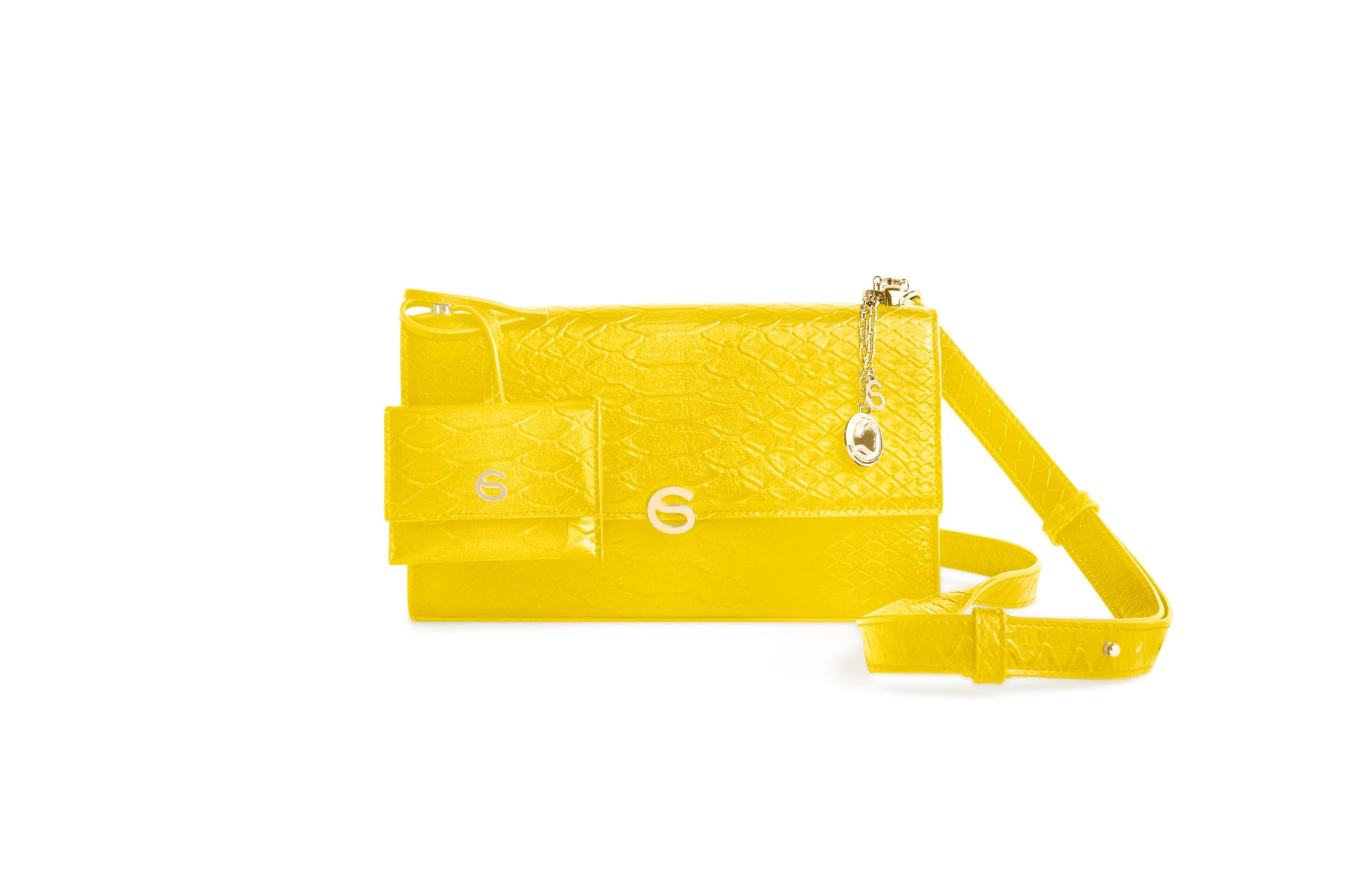 Yellow luxury Italian leather bag charm set  handcrafted in Italy by Chau Sáenz.
