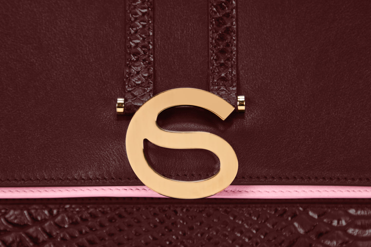 Gold hardware detail on Rose bag in Oxblood Italian leather.