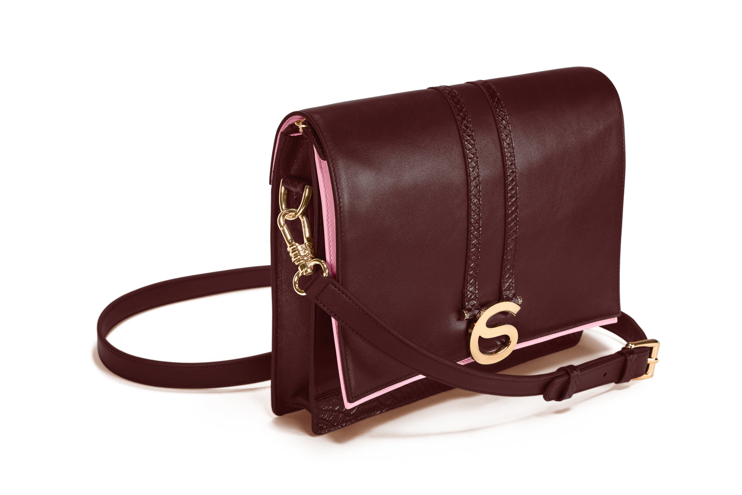 The Rose Bag in Oxblood Italian leather, convertible handbag handcrafted in Italy, side view